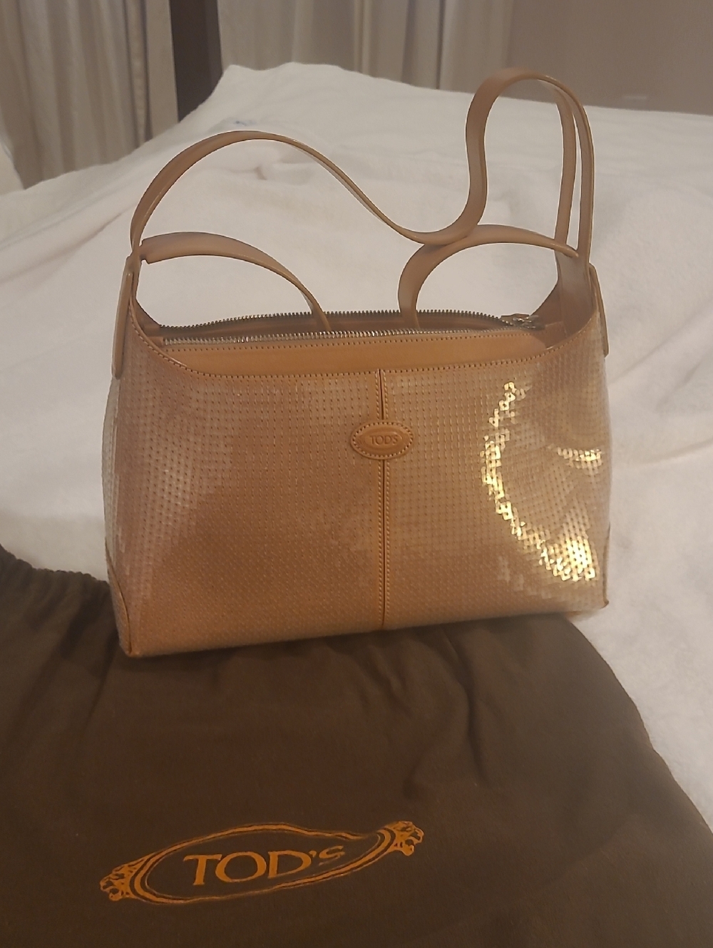 TOD'S Perforated Tan Leather Shoulder Bag with Double Straps